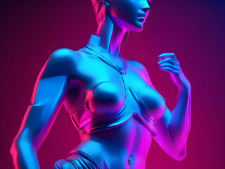 Body of statue in bold pink and blue neon colors on gradient background. 