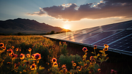 Solar panels amid wildflowers at sunset with mountains in the background, illustrating renewable energy integration with nature.