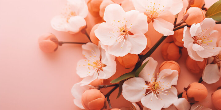 A banner with orange peaches on branches and white flowers on a pink background. Peach fuzz color Fruit