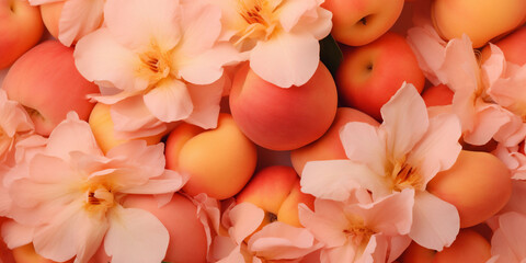 A banner with an bright orange and yellow peaches stacked on one and other with pink flowers and a peach fuzz color. Fruit - Powered by Adobe