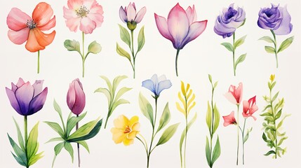 Fototapeta premium Watercolor set of flowers on white background