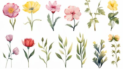 Watercolor set of flowers on white background - obrazy, fototapety, plakaty