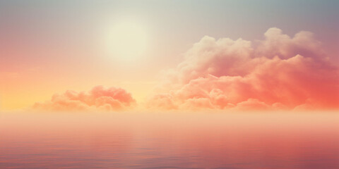 A banner with a beautiful peach fuzz color shy with giant clouds and water. Fogy sea and sun beauty. Copy space - obrazy, fototapety, plakaty