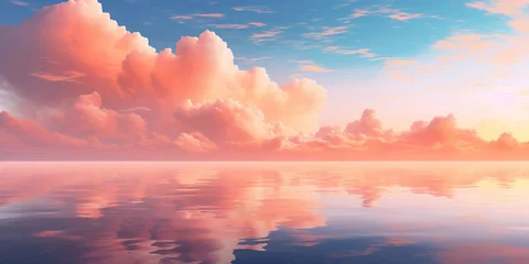 Photo sur Plexiglas Pantone 2024 Peach Fuzz A banner with a beautiful peach fuzz orange and yellow color clouds above a blue smooth reflecting ocean. Sea and nature beauty. Copy space