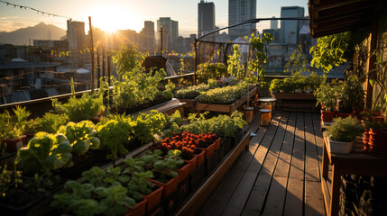 Obraz premium Golden sunset illuminates an urban rooftop garden with a variety of potted plants against a city skyline.