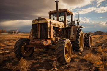 An old, rusty tractor sits abandoned in a field under a dramatic sunset sky, conveying a sense of nostalgia and times past.
