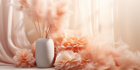 A banner with peach fuzz and white color decorations. Decorative flowers and a vase with fluffy...