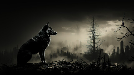 A lone wolf stands silhouetted against a bleak, post-apocalyptic cityscape at dusk, evoking a sense of mystery and survival. - obrazy, fototapety, plakaty