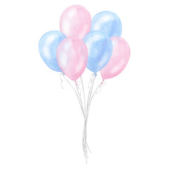 Blue pink balloons twins boy girl kids birthday surprise. Gender reveal party, baby shower. Hand drawn watercolor illustration isolated on white background. - obrazy, fototapety, plakaty