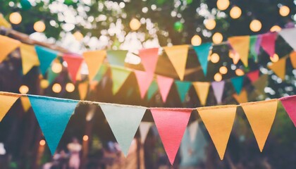 blur background colorful triangular flags of decorated celebrate outdoor party vintage tone - obrazy, fototapety, plakaty