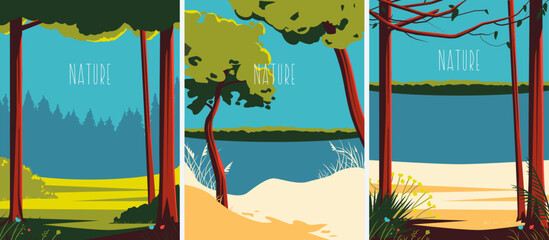 Nature and landscape. Summer landscape. Typography design. Set of flat bright vector illustrations. Poster, label, cover.