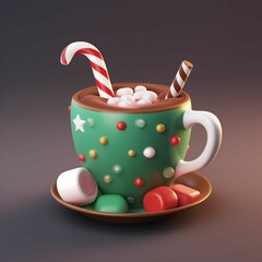 Christmas coffee cup with a candy cane. Cute 3d holiday illustration. 