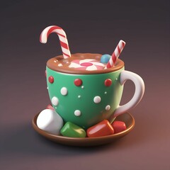 Cup of coffee decorated with sweets and candies. Cute 3d holiday illustration. 