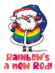 Christmas greeting card design with rainbow santa with bag