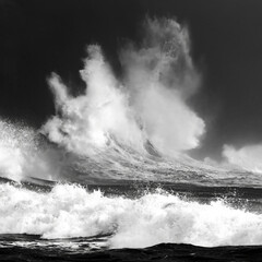 A dramatic closeup shot of the high tide waves crashing against rocks at Cape Disappointment