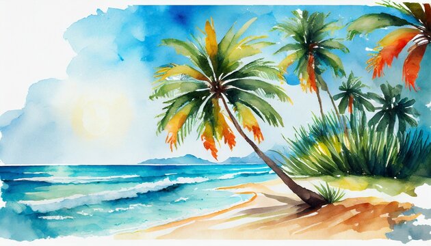 holiday summer travel vacation illustration watercolor painting of palms palm tree on teh beach with ocean sea design for logo or t shirt on white background