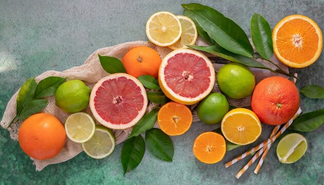 colorful citrus fruis food background top view mix of different whole and sliced fruits orange grapefruit lemon lime and other with leaves on green stone table