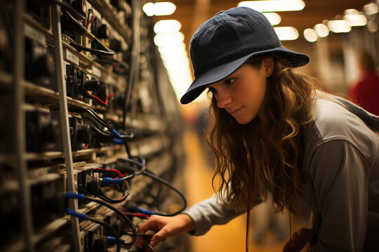 A woman in a baseball cap plugs cables into a server rack in a warmly-lit data center, focused on the task.