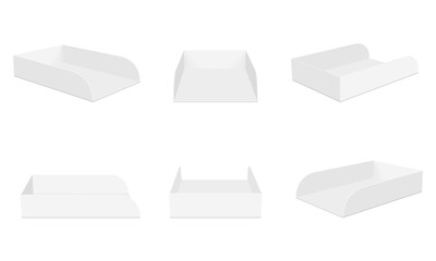Set Of Empty Flat Tray Boxes Mockups In Various Views, Isolated On White Background. Vector Illustration