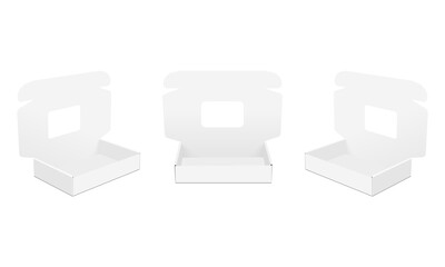 Mailer Boxes With Holes. Box With Window. Front, Side View. Vector Illustration