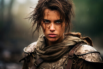 Determined female warrior amid eternal war, expressing bravery and revenge for her ravaged home. A resolute, intelligent, and strong character with a fierce gaze - obrazy, fototapety, plakaty