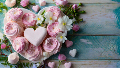 copy space on a Beautiful valentine composition spring flowers. marshmallow heart of pink color