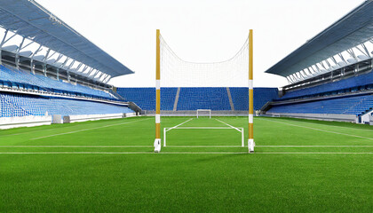 Empty training football field with goalposts and green grass, soccer training pitch