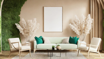 empty poster frame on beige wall in living room interior with modern furniture and decorative green arch with trendy dried flowers, white sofa and armchair, 3d render