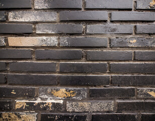 Rustic charm. Vintage black brick wall texture. Grit and grunge. Aged brickwork background. Urban elegance. Modern design with patterns