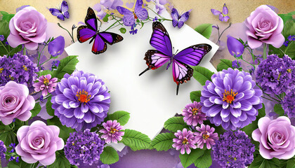 valentine card with purple flowers and butterflies on a background