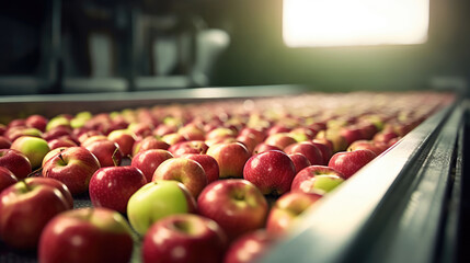 Fresh apples on conveyor belt - obrazy, fototapety, plakaty