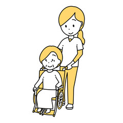 車いすを押す女性職員のイラスト