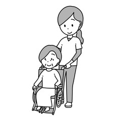 車いすを押す女性職員のイラスト