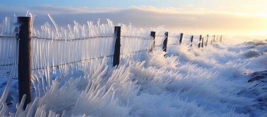 Icy fence after storm. - obrazy, fototapety, plakaty