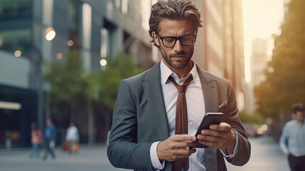 A businessman watching his smart mobile phone device outdoors - obrazy, fototapety, plakaty