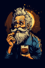 Funny man drinking beer cartoon style illustration