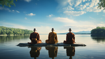 Buddhist monks meditating on the edge of a lake, peaceful and calm, spiritual and wellness