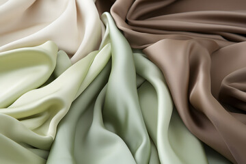 folds of fabric in pastel green, brown, beige tones, top view. wavy, texture of the material.