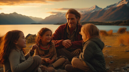 A family enjoying the beautiful summer atmosphere in New Zealand - obrazy, fototapety, plakaty