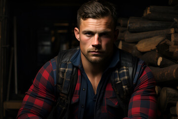 Fototapeta premium A muscular, brutal man with a beard and mustache in a red plaid shirt, a dark close-up portrait.