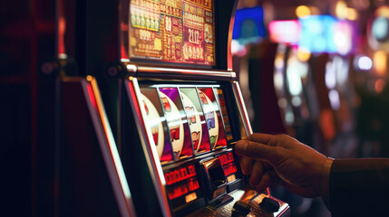 A person playing a slot machine in a casino