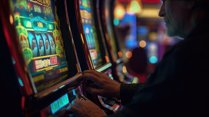 Fototapeta premium A person playing a slot machine in a casino