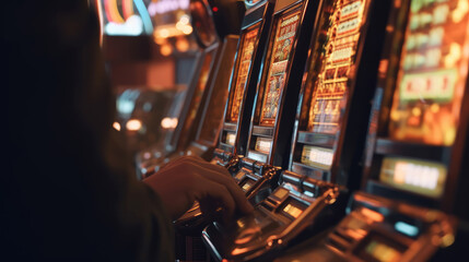 A person playing a slot machine in a casino - obrazy, fototapety, plakaty