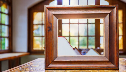 Empty wooden picture frame; stained glass window in the interior