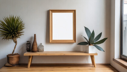 Empty wooden picture frame; the concept of a modern interior