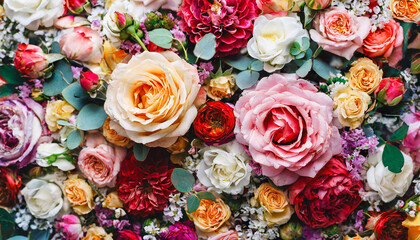 floral romantic abstract background of beautiful multi-colored roses; selective focus