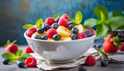 Fresh fruit salad in a bowl with raspberries and blueberries