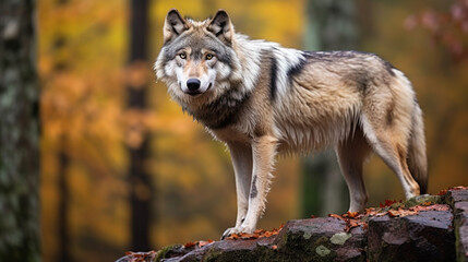 A lone Timber wolf or Grey Wolf (Canis lupus) standing on a rocky cliff looking back. generative ai