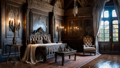 Fototapeta na wymiar Gothic revival room. Dark wood, intricate details. Rich textiles, dramatic ambiance. A vintage-inspired space with a touch of medieval charm.