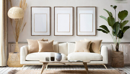 Three empty vertical picture frames in a modern living room with white sofa and beige pillows. Japandi interior. Wall art mockup. - obrazy, fototapety, plakaty